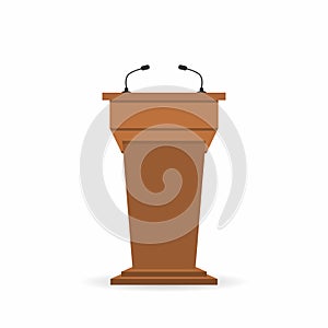 Wooden podium tribune stand rostrum with microphones. Back view from audiences side
