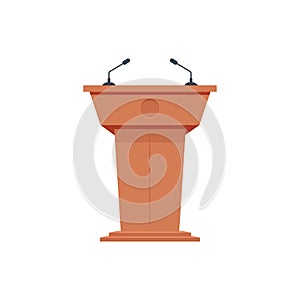 Wooden podium tribune stand rostrum with microphones. Flat icon.