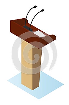 Wooden podium tribune stand rostrum with microphones flat vector illustration. Platform for lecture