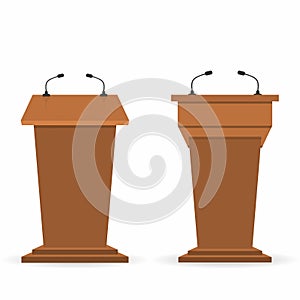 Wooden podium tribunes set, stand rostrum with microphones. Back and front view from audiences and reporters sides