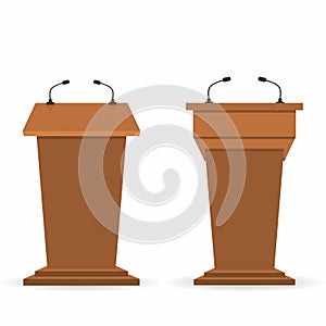 Wooden podium tribunes set, stand rostrum with microphones. Back and front view from audiences and reporters sides photo