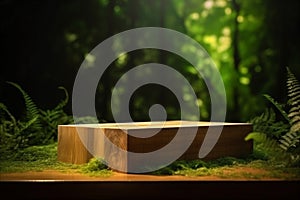 Wooden podium with tropical forest on background. AI generated