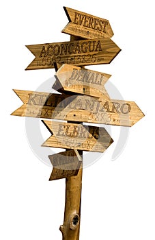 wooden pointer with directions to mountain peaks with indications of the height of the mountains and the distances to them