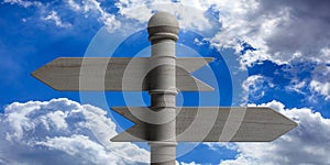 Wooden pointer signposts on pole, isolated on blue sky background. 3d illustration