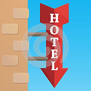 Wooden pointer to the hotel, . Summer signpost flat vector cartoon illustration on a blue background