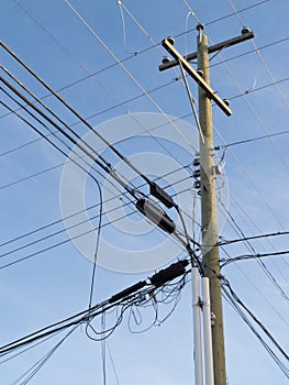 Wooden pole confusing power cable phone line mess