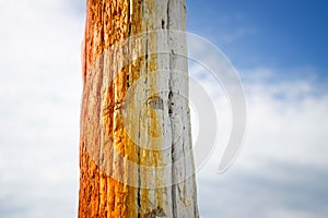 Wooden pole painted orange over the summer sky used for anchoring boats on the seaside