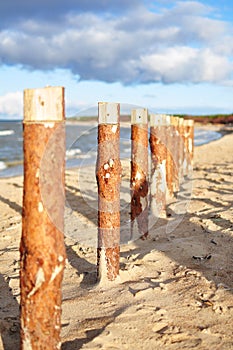 Wooden poles on the beach
