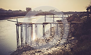 Wooden pontoons on the river