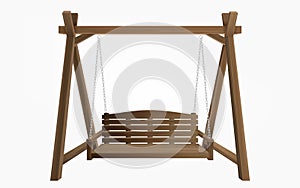 Wooden porch swing bench hanging on frame