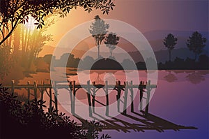 Wooden port at the edge of the marsh Natural forest mountains horizon trees Landscape wallpaper Sunrise  Illustration vector style