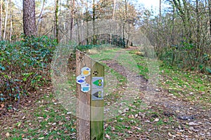 Wooden post with different hiking and mountain bike routes