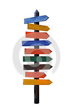 Wooden post with signs of different colors and directions. In the form of an arrow made of wood