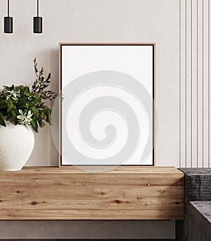 Wooden poster frame mockup in modern bedroom interior, 3d rendering