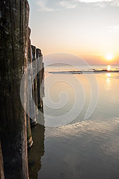 Wooden posts at the beach pictured at sunset