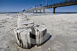Wooden posts and pier in Prerow on the German Baltic Sea