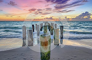 Wooden posts on the sandy beach at sunset. Naples Beach, Florida