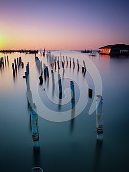 Wooden posts in sea against sky during sunset