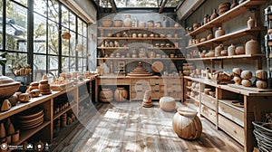 Wooden pottery studio with various ceramic wares on shelves