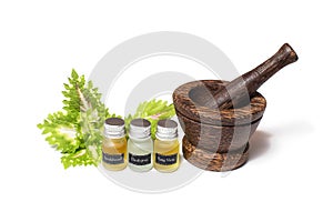 Wooden pounder with bottles of organic oils photo