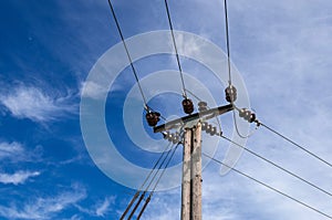 Wooden Power Electricity Pole Pylon,High Volage,Blue Sky Background