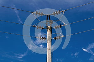 Wooden Power Electricity Pole Pylon,High Volage,Blue Sky Background