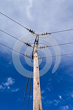 Wooden Power Electricity Pole Pylon,High Volage,Blue Sky Background