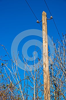 Wooden power pole with two lines in front of blue sky