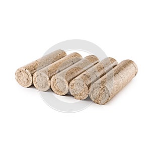 Wooden pressed briquettes from biomass on a white isolated background