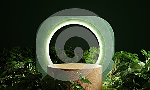 Wooden product display podium in jungle forest with circle fluorescent neon light lamp background. Product presentation theme.