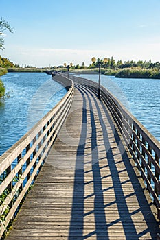 Wooden promenade along the Baltic Sea coas. Yantarny. Kaliningrad region. Russia