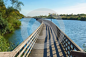 Wooden promenade along the Baltic Sea coas. Yantarny. Kaliningrad region. Russia