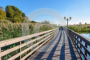 Wooden promenade along the Baltic Sea coas. Yantarny. Kaliningrad region. Russia