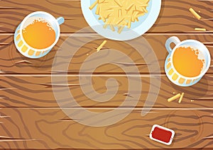 Wooden pub table with two beers and a plate of fries, top view. Copyspace. Flat vector illustration. Horizontal