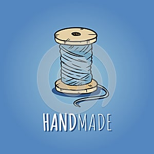 Wooden pulley of cotton threads. Handmade logo design. Hand drawn cute cartoon icon