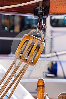 Wooden Pulley with Ropes - Old Sailing Boat