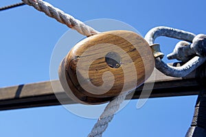 Wooden Pulley on Sailboat