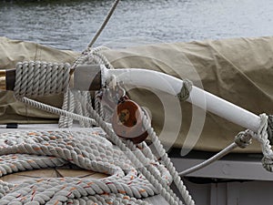 Wooden pulleys and ropes on vintage sailing boat