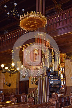 Wooden pulpit (bimah) inside Dohany Street synagogue in Budapest, Hungary.
