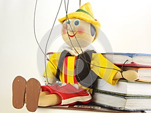 The wooden puppet and books