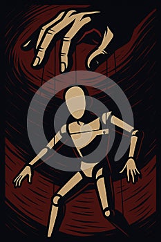 Wooden puppet controlled by strings in dramatic lighting