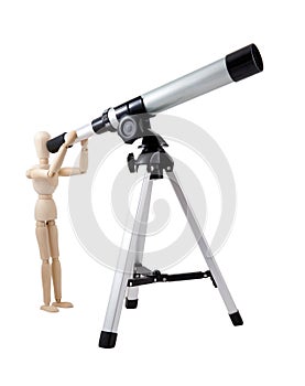 Wooden Puppet Observing with Telescope