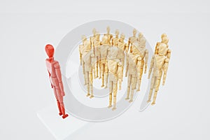 Wooden puppet, stands at the head of society. Leadership concept, winner, leader, influencer. Copy space, 3D illustration, 3D