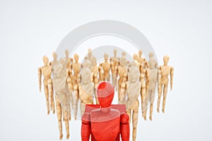 Wooden puppet, stands at the head of society. Leadership concept, winner, leader, influencer. Copy space, 3D illustration, 3D