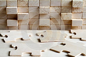 Wooden puzzle and block abstract team corporation background concept