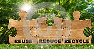 Wooden Puzzle Pieces with Text Reuse Reduce Recycle in a Green Forest