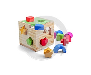 Wooden puzzle toy with colorful blocs isolated over white