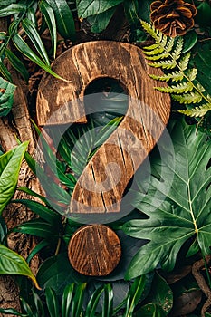 A wooden question mark is surrounded by green leaves and branches. Generative AI