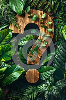 A wooden question mark is surrounded by green leaves. Generative AI