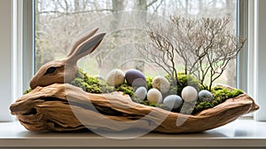 Wooden Rabbit Easter Eggs Mossy Decor